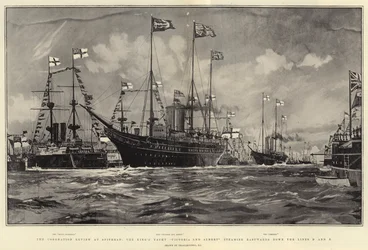 De kroningsreview bij Spithead, het koninklijke jacht Victoria en Albert stoomt oostwaarts langs de lijnen D en E